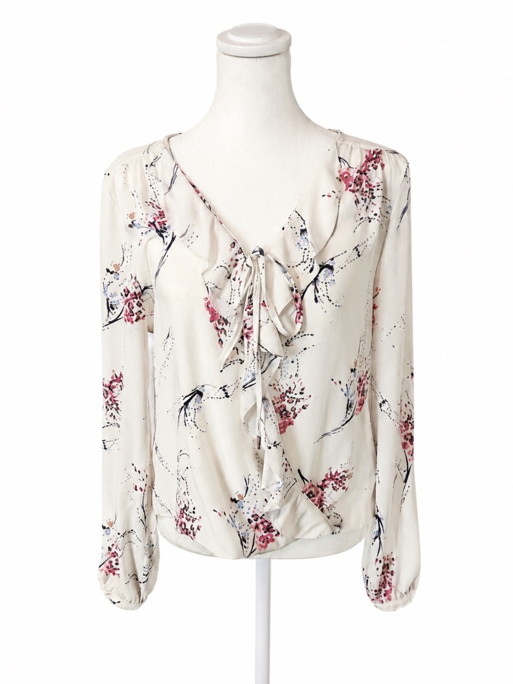 White House Blk Mkt Floral Ruffle Tie-Neck Blouse - Cream with Pink & Blue Print